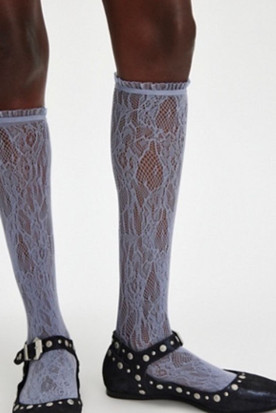 Free People Intimately Lovers Lace Knee High Sock One Size Blue Sheer